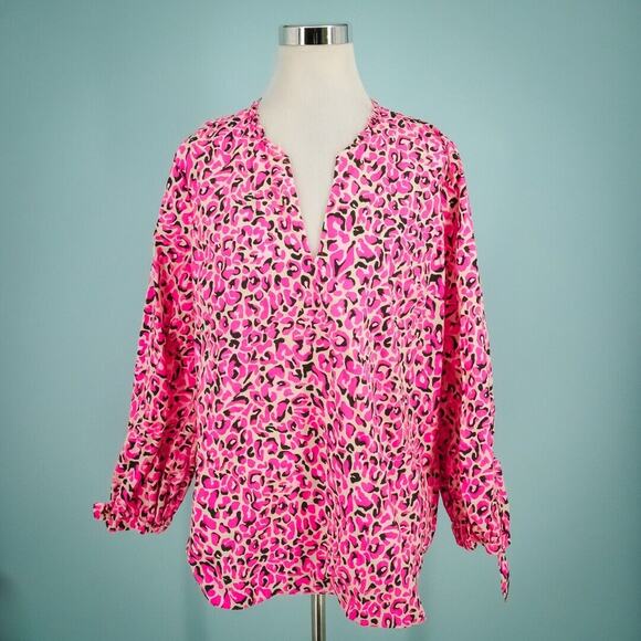 Lilly Pulitzer Tops - Lilly Pulitzer Size XL Sherida Pink Cheetah Leopard Animal Print Split V Neck Lo